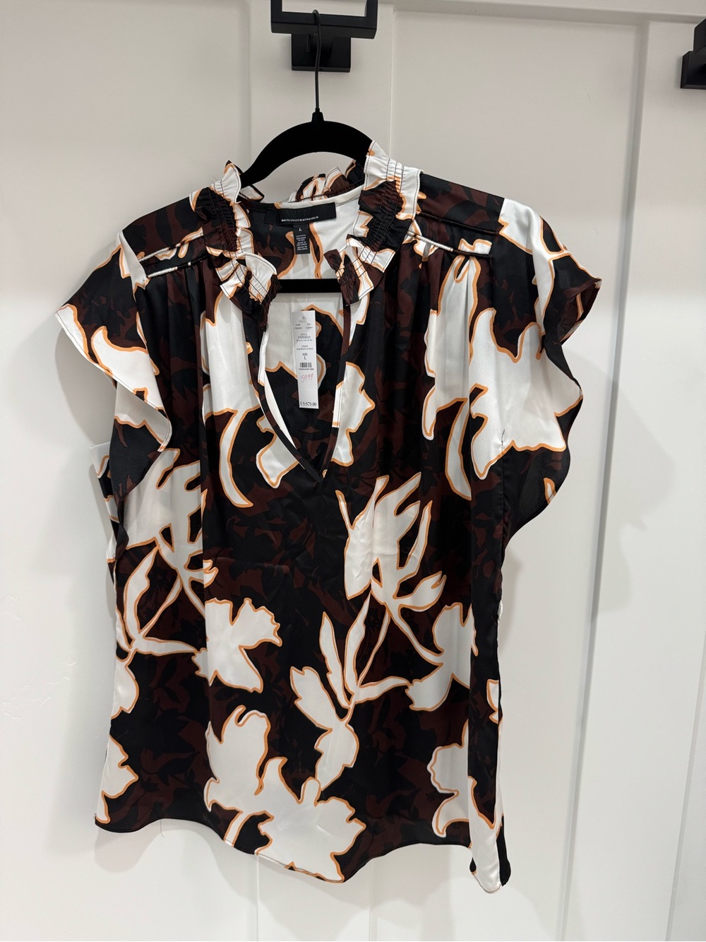 White House Black Market Black, White & Brown Floral Ruffle V-Neck Top